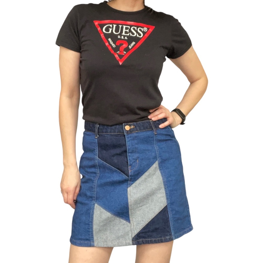 RIVER ISLAND Y2K Size 12 Mini Short Skirt Denim Patchwork Blue Mix - Picture 1 of 6
